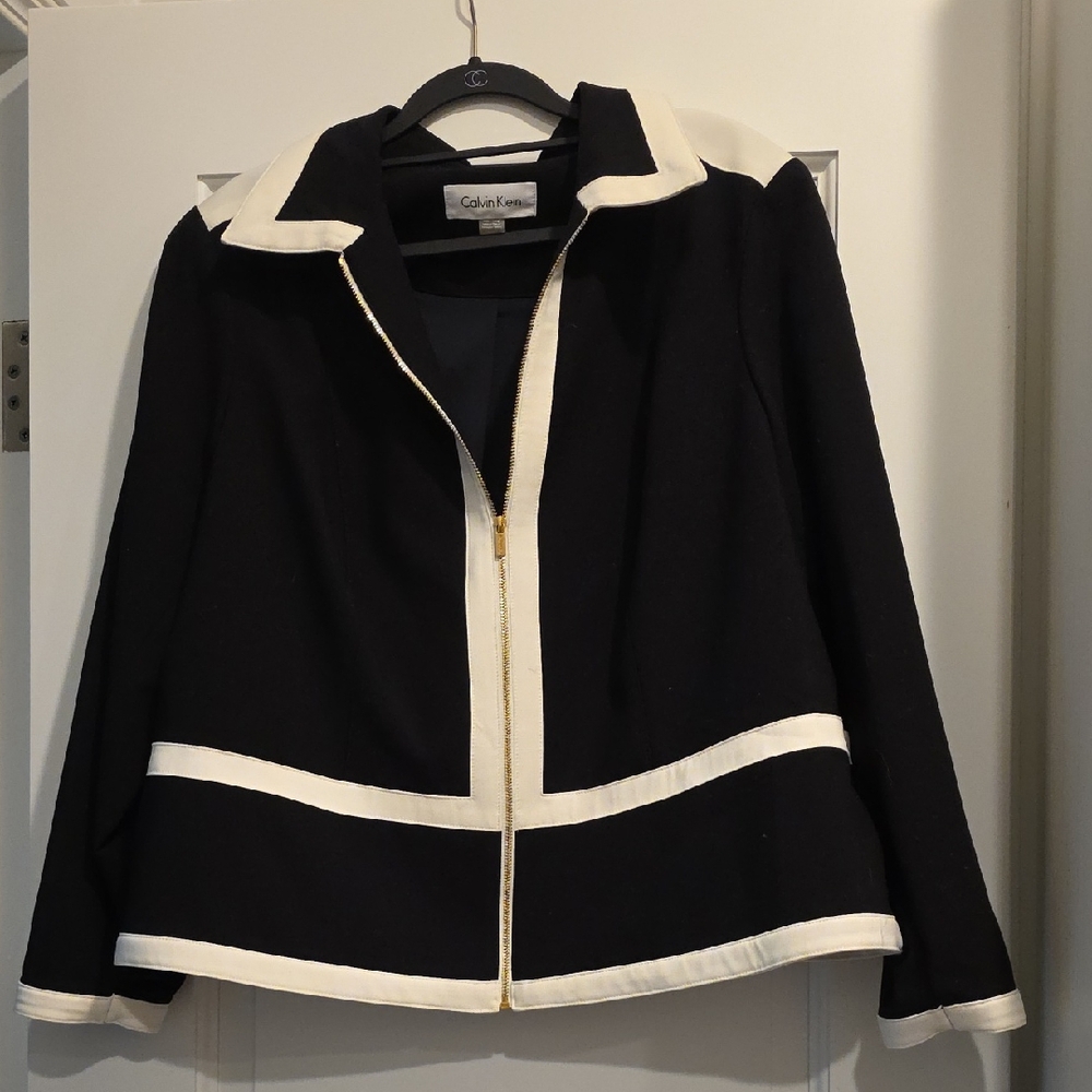 Calvin Klein Black Jacket with White Trim and Gold Zip